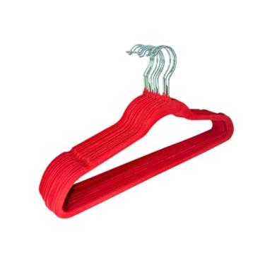 Imagem de Kit 10 Cabides Veludo Antideslizante Reforçado Roupas Delicadas Gancho Giratório Cromado Adulto Vermelho