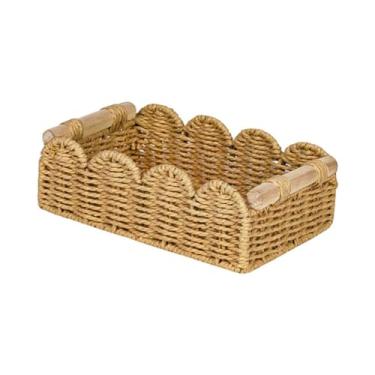 Imagem de Generic Cesto de armazenamento de corda de papel com alça de madeira, organizador decorativo para despensa, cômoda de papel higiênico, mesa de cabeceira de, 30cm X 11cm X 9cm