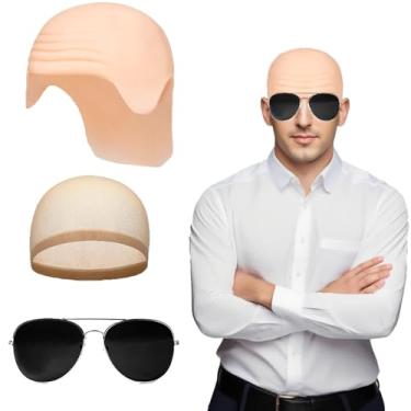 Imagem de Adytom 3 peças de boné careca profissional com óculos pretos realistas tom de pele látex acessório de fantasia