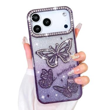 Imagem de Bonoma Capa com glitter para Pro, linda capa com estampa de borboleta 3D, proteção para câmera, capa traseira macia e brilhante para mulheres e meninas, roxa