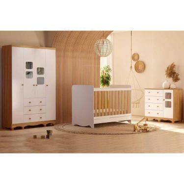Imagem de Quarto Infantil Completo 3 Peças (1GuardaRoupa+1Berço+1Cômoda) QI125 Branco/Amendoa - Peroba