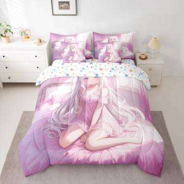 Imagem de Erosebridal Jogo de cama solteiro com desenho kawaii de anime japonês, desenho kawaii, animação japonesa, para quarto de meninos, adolescentes e mulheres, rosa