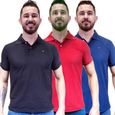 Imagem de Kit 3 Camisas Gola Polo Masculina Piquet Lisa Camisaria Colombo, Preto