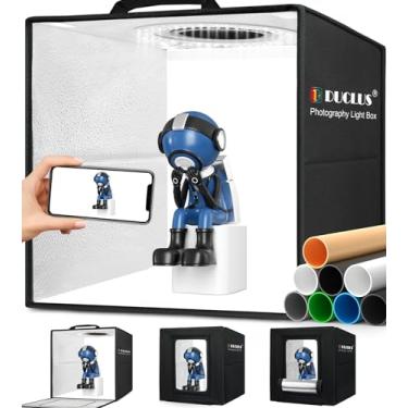 Imagem de DUCLUS Caixa fotográfica profissional de 30,5 x 30,5 cm com 8 fotos de fundo, 120 luzes LED reguláveis e alto CRI> 95 Lightbox para mini fotografia de produto: joias, modelos em miniatura etc.