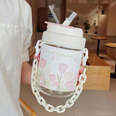 Imagem de Garrafa de vidro tulipa para café, bolha, chá, água, fofo, viagem, portátil, à prova de vazamento, copo de água com tampa de alça para presente