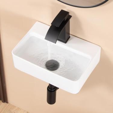 Imagem de KARAMAG Pia de vaso pequeno, 35,5 x 25,4 cm, montagem na parede, lavatório, retangular, branca, porcelana, cerâmica, minúscula, flutuante, para banheiro, pia de trailer montada na parede