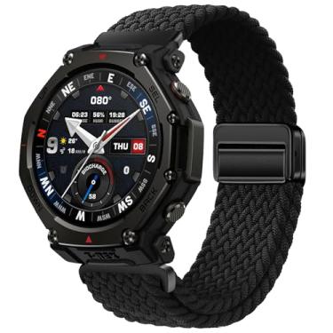 Imagem de Pulseira de relógio trançada compatível com Amazfit T-Rex 3 Pro de 48 mm, pulseira com fivela magnética, pulseira esportiva elástica de nylon macio respirável para T-Rex 3 Pro (48 mm) (preto)