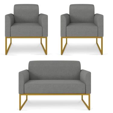 Imagem de Kit Namoradeira e 2 Poltronas Decorativas Base Industrial Dourada Maressa A26 Linho Grafite - Ibiza