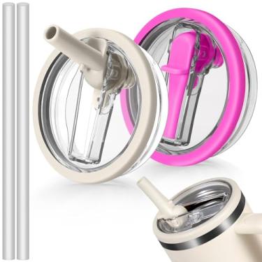 Imagem de 2 peças de tampa de canudo dobrável à prova de vazamento, compatível com copo Stanley Quencher, caneca de água de 1,134 g, capa à prova de derramamento, substituição perfeita para Stanley (bege e rosa