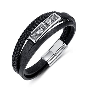 Imagem de Rockyu Pulseira masculina de couro sintético de aço inoxidável e fibra ajustável com 210 mm de comprimento, design elegante com detalhes prateados exclusivos, perfeita para ocasiões casuais ou formais