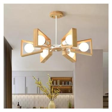Imagem de Lustre de teto moderno E27 Windmill LED - Luz suspensa de madeira compatível com sala de estar, quarto, lâmpadas de lustre