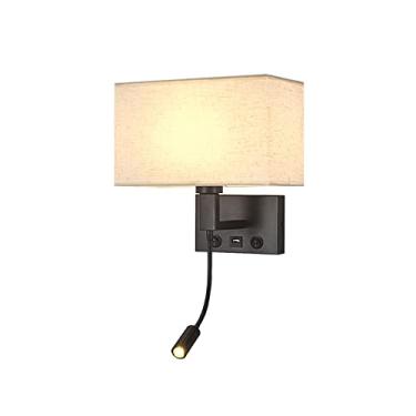 Imagem de Luminária de parede de tecido, luminária de leitura para quarto com interruptor, arandela moderna de metal preto com fiação, carregamento USB, flexível, luminária de cabeceira com pescoço de