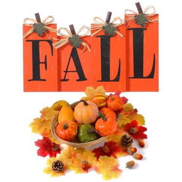 Imagem de Roowest Conjunto de 50 peças de decoração de colheita de abóboras de outono, mini cuia artificial, folhas de outono, bolotas, decorações e 4 peças de decoração de mesa de madeira de ação de graças