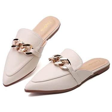 Imagem de EasySmile Mules rasteiras com corrente de metal para mulheres fechadas, bico fino, slip-on, mocassins sem costas, Corrente de metal - bege, 9.5