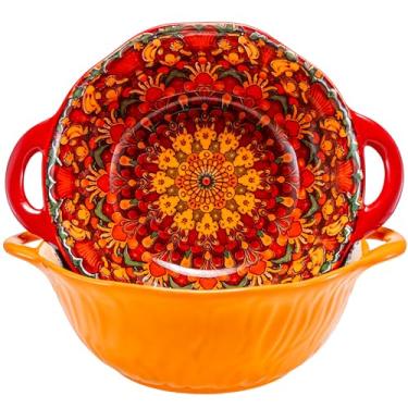 Imagem de Conjunto de 2 tigelas de cerâmica Boho com alças, tigelas grandes de cerâmica, tigelas de salada de porcelana de 1,134 g, pratos grandes para entretenimento, tigelas de mistura para sopa, ensopado