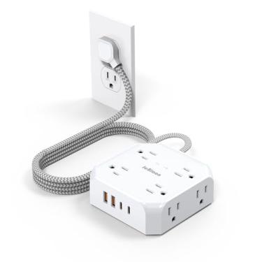 Imagem de JcBlaon - Protetor contra picos de tensão com 4 portas de carregamento USB (2 USB C), adaptador de tomada plana ultra fina com cabo de extensão trançado de 5 pés para casa, escritório, quarto, artigos