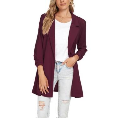 Imagem de Blazer Unifizz feminino franzido, manga 3/4, botão frontal, vinho tint