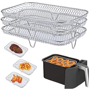 Imagem de 3 peças rack de fritadeira a ar inoxidável aço inoxidável cesta empilhável grelhar desidratador bandeja para forno micro-ondas assar (estilo-2)