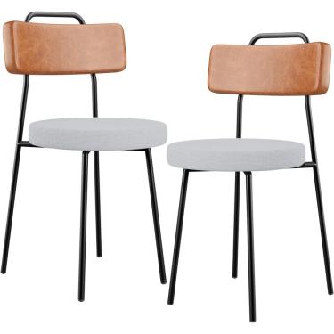Imagem de Kit 02 Cadeiras Decorativas Estofada Sala Jantar Barcelona L02 Couríssimo Camel Linho Cinza - Lyam