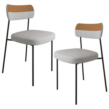 Imagem de Kit 02 Cadeiras Decorativa Estofadas Sala Melina F01 Linho Cinza Couríssimo Caramelo - Lyam Decor