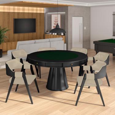 Imagem de Conjunto Mesa de Jogos Carteado Bellagio Tampo Reversível e 6 Cadeiras Madeira Poker Base Cone PU Bege/Preto G42 - Gran Belo