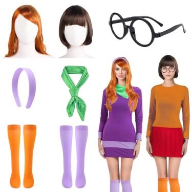 Imagem de Conjunto de acessórios de fantasia de Halloween para mulheres, faixa de cabeça roxa, lenço verde, laranja, franja, peruca marrom, óculos, roxo e laranja, meias longas para mulheres, meninas