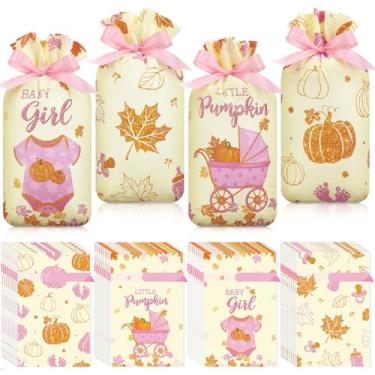 Imagem de Funrous 60 peças de lembrancinhas de festa de chá de bebê outono pequena abóbora cordão sacos de embalagem body varal outono folha de bordo gênero revelar guloseimas sacolas de plástico a granel para