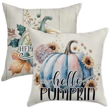 Imagem de Moonle Conjunto de 2 capas de almofada de abóbora de outono 45,7 x 45,7 cm, capa de almofada Hello Pumpkin Farmhouse, decoração de outono de Ação de Graças colheita para decoração de sofá, quarto