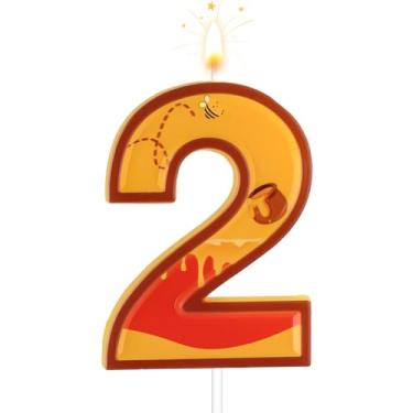 Imagem de Velas de aniversário de urso, velas com números de aniversário com tema amarelo, velas temáticas de feliz aniversário, vela de bolo de aniversário para lembrancinha de festa de aniversário (número 2)