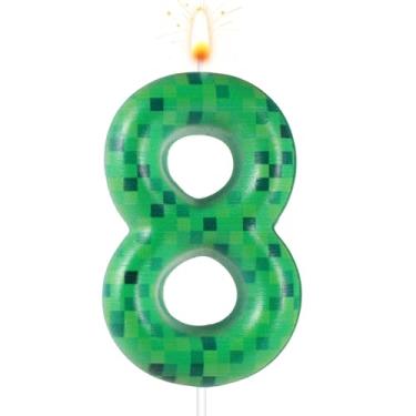 Imagem de Vela de bolo de aniversário Pixel Miner, vela de aniversário dinamite, número verde, vela de aniversário com tema TNT, para jogos de bolo de aniversário, suprimentos de decoração de festa (número 8)
