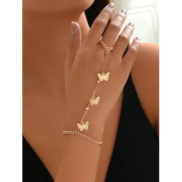 Imagem de Pulseira de anel de borboleta com anel, pulseiras de dedo banhadas a ouro, vintage, contas boho, corrente ajustável, pulseira delicada, verão, férias, praia, joias, dia dos namorados, presente de