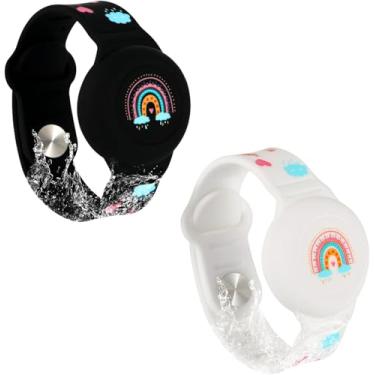 Imagem de 2 pulseiras para AirTag, pulseira de silicone com estampa de arco-íris boho para idosos ajustável antiperda para AirTag, suporte para ocultar GPS Tracker (preto, branco)