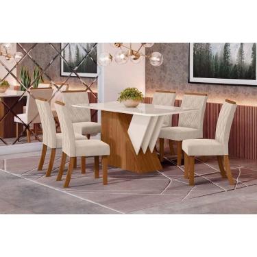 Imagem de Conjunto: Mesa De Cozinha Epic Tampo Madeirado C- Vidro 160x90cm E 6 Cadeiras Vita Nature-linho - Henn