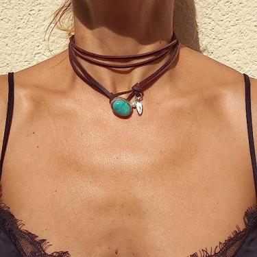 Imagem de Colar Boho em camadas para mulheres, colar de couro com pingente turquesa, joias para presente, roupas de concerto do país ocidental