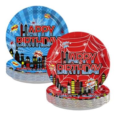 Imagem de Greencian 50 peças de artigos de festa de aniversário de aranha 23 cm grandes pratos de papel aranha vermelha azul descartável desenho animado super herói utensílios de mesa para meninos crianças