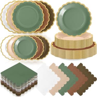 Imagem de Zhehao 150 peças de pratos e guardanapos de madeira serve 50 unidades inclui 23,8 cm 17,8 cm verde e marrom design recortado prato de papel e guardanapos para casamento, aniversário, festa de chá de