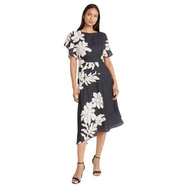Imagem de Maggy London Vestido feminino floral de manga curta, gola canoa, evasê, midi, Preto/creme, 36