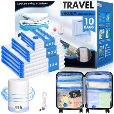 Imagem de Eunhdet Pacote com 10 sacos de armazenamento a vácuo de viagem com bomba elétrica USB, sacos de vedação a vácuo com economia de espaço para roupas, viagens, bolsa de armazenamento selada para
