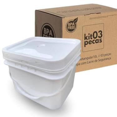 Imagem de Balde Retangular 10 Litros com Tampa Lacre e Alça Plástica | Plástico Resistente | Atóxico e Reutilizável | 100% BPA Free | Nastripack | KIT 3 PEÇAS