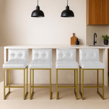 Imagem de Banqueta Cozinha Alta Com Encosto Industrial Kit 4 Dourado Lirina Pu C05 - D'rossi Branco