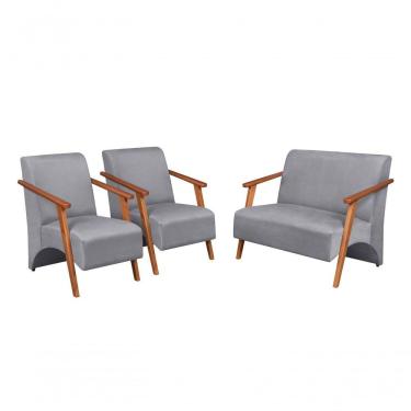 Imagem de Conjunto Venus Braços Em Madeira Maciça 1 Namoradeira 2 Poltronas Suede Unidecor Grafite