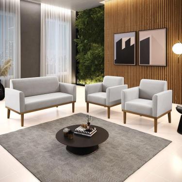 Imagem de Conjunto 2 Poltronas E 1 Namoradeira Decorativa Pés Fixo Em Madeira Castanho Veludo Cinza