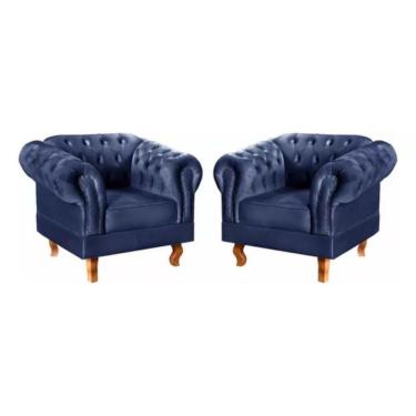 Imagem de Kit 2 Poltronas Chesterfield Dom Pedro Vintage Retrô Capitonê Suede Azul Marinho