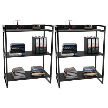 Imagem de Kit 2 Estantes Com 3 Prateleiras Escritório C114x80cm Preto