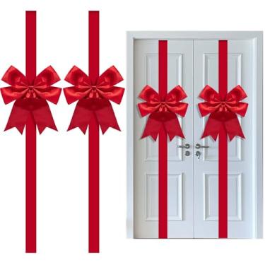 Imagem de Iceyyyy 2 peças de laço grande de fita de porta de armário de Natal de 14,2 m, laço de fita ajustável vermelho para portas de Natal, laços gigantes de guirlanda de porta de Natal para decoração de