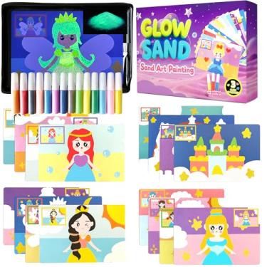 Imagem de PPXMEEUDC Kits de arte de areia que brilham no escuro arte arte cartões de pintura princesa e castelo conjunto de artesanato DIY