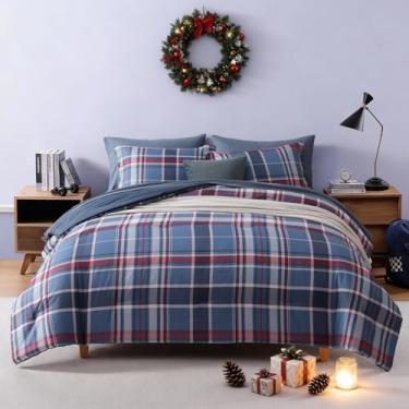 Imagem de AMBERSPACE Conjunto de edredom xadrez, tamanho casal, azul marinho, 7 peças, para meninos, meninas, adolescentes, cama leve em uma bolsa para dormitório, com lençóis, fronhas e fronhas