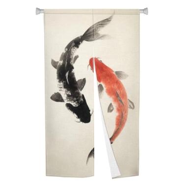 Imagem de Leowefowa Cortina de porta japonesa Noren Chinese Kio Fish Printing Window Treatment Feng Shui Long Noren cortina painel de tapeçaria para pendurar divisória de quarto cozinha decorações de casa, 85