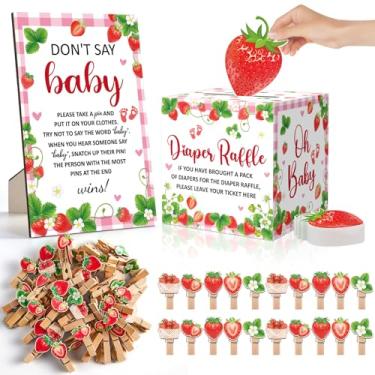 Imagem de 102 peças de suprimentos de jogo de chá de bebê rosa morango sorteio de fraldas com caixa Don't Say Baby Sign Mini prendedor de roupa Berry Sweet Diaper Raffle caixa de cartão para meninas menino