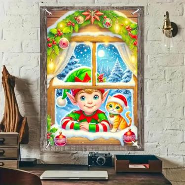 Imagem de BlissYard Decoração de janela de Natal, capa de janela de elfo e gato, banners de cortina de férias, cenário festivo, interior, exterior, sazonal, parede, pôster, festa, decoração de casa, 79 x 129 cm